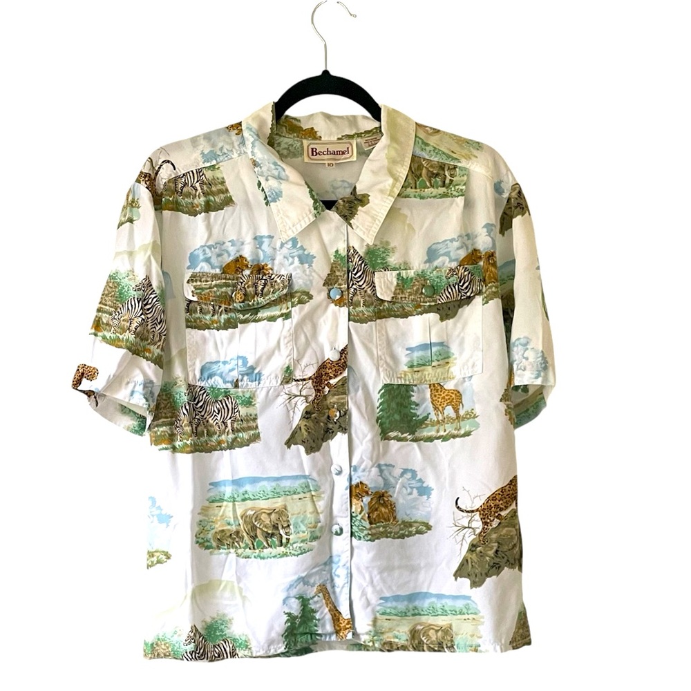 Vintage Bechamel safari animal print women’s button up short sleeve shirt sz 10